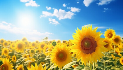 Obraz premium A field of sunflowers with a bright blue sky in the background