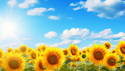 A field of sunflowers with a bright blue sky in the background