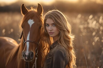 Fototapeta premium A beautiful woman standing next to a horse.