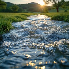 Fototapeta premium Close-up of sparkling water in spring, with grass and sunlight as. The sun shines on the dancing river full of clear tranquility that flows through the green meadows.