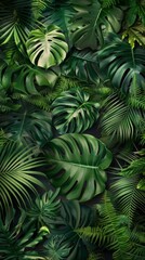 Close-up of a vibrant green jungle teeming with diverse plant life. Tropical rainforest concept.