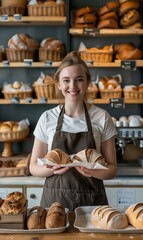 A smiling woman holding bread in front of a bakery.