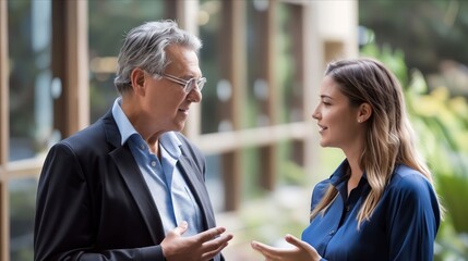 A man and woman talking in an office.