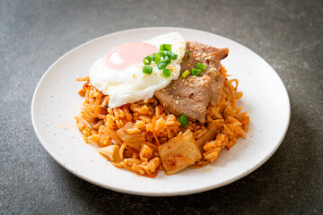 Kimchi fried rice with fried egg and pork