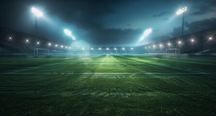The brightly lit football stadium, the empty green grass under the dark night sky. Banner or poster design with large sports background. The concept of sports competition and the style of game action 
