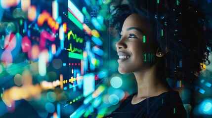 A woman looking at a screen with data.