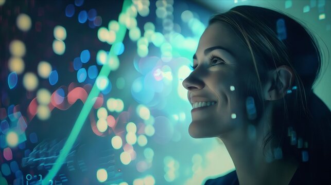 A woman smiling in front of a computer screen.