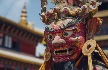 A Tibetan monk in colorful traditional attire, wearing an elaborate mask and dancing with the sky...