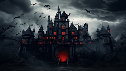 A castle with bats flying around it