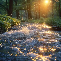 Close-up of sparkling water in spring, with grass and sunlight as. The sun shines on the dancing river full of clear tranquility that flows through the green meadows.