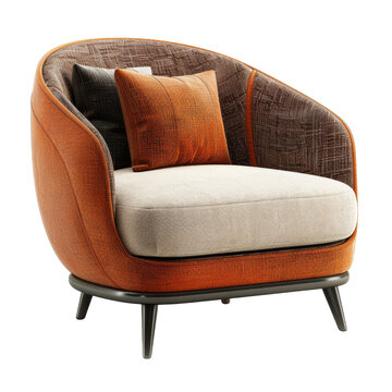 recommend clip art: Modern orange and beige fabric upholstered armchair with pillows isolated on transparent background
                    
                    