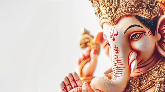 Photorealistic close-up of Lord Ganpati, exuding happiness, traditional Ganesh Chaturthi attire, isolated on white, ample copyspace for text