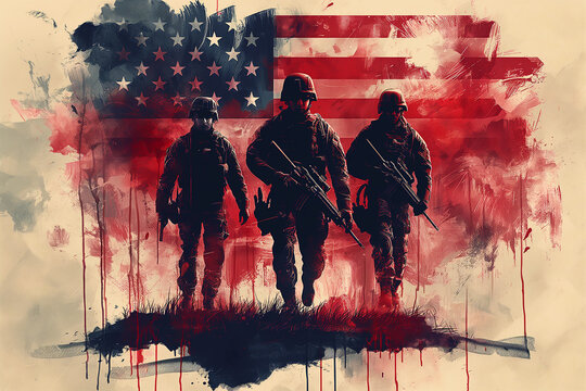 Vintage vector illustration of an American soldier from the second world war with a rifle and flag behind him in the style of a vintage graphic design poster with a simple flat art style, 2D digital d