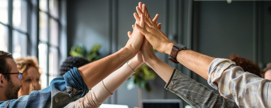 Startup team celebrating a milestone with high-fives and cheers