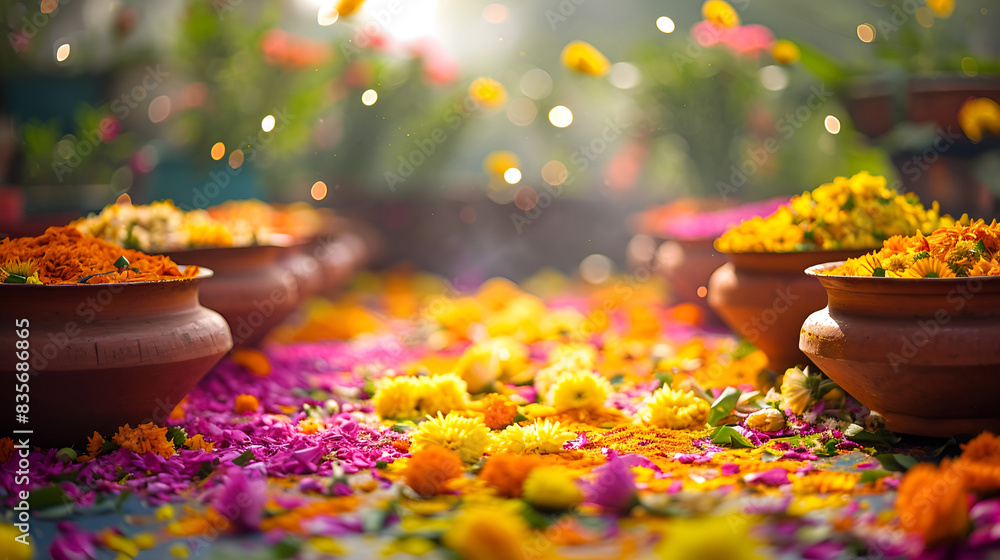 Wall mural marigold flowers in traditional indian pot kalash on orange background with copy space hindu puja