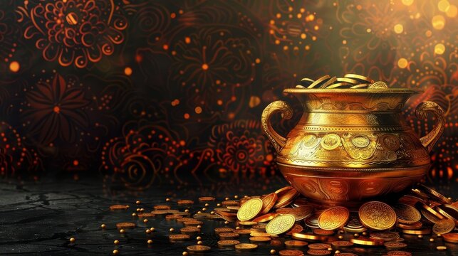 Side view of a golden pot overflowing with gold coins