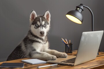 A curious husky puppy at a wooden work desk with a laptop, pens, and a modern desk lamp, appearing ready for work.