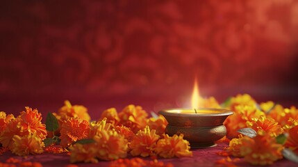 Side view of a traditional Indian Diya oil lamp, surrounded by vibrant marigold flowers, set against a rich red background, ample copyspace, digital photorealistic rendering