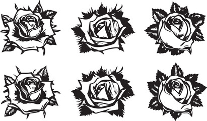 Set of decorative rose with leaves. Flower silhoutte. Vector illustration
