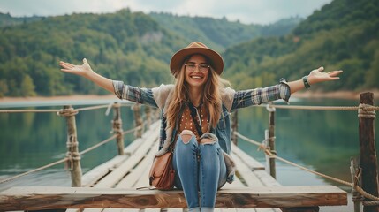 Hippie eco-activist woman traveler sits on a bridge by a lake with her arms outstretched with a hat and smiling sincerely