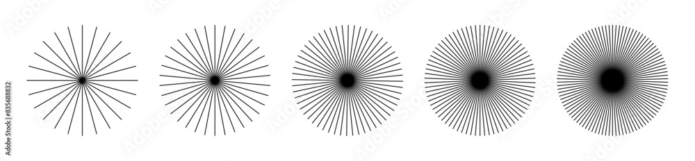 Leinwandbilder Starburst ray lines round set. Editable stroke vector design pack of geometric elements isolated on transparent background. 