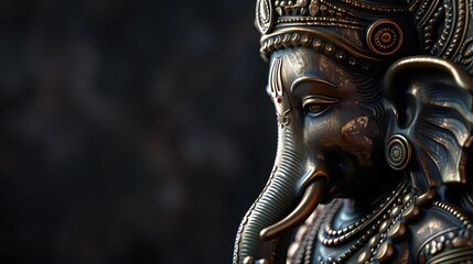 Fototapeta premium Side view statue of Lord Ganpati in intricate bronze