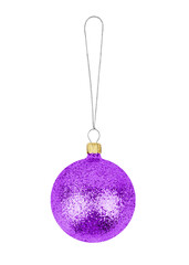 Purple Christmas hanging glass ball on ribbon, bauble ornament white background isolated close up, Christmas tree decoration, Happy New year toy template, traditional winter xmas decor design element