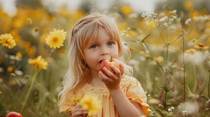 little blonde girl eating an apple in garden