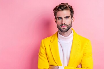 A man in a yellow jacket and white shirt stands in front of a pink background