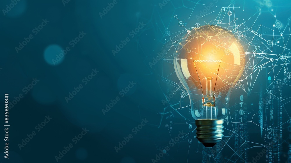 Poster glowing light bulb with network graphics - an incandescent light bulb against a digital network back