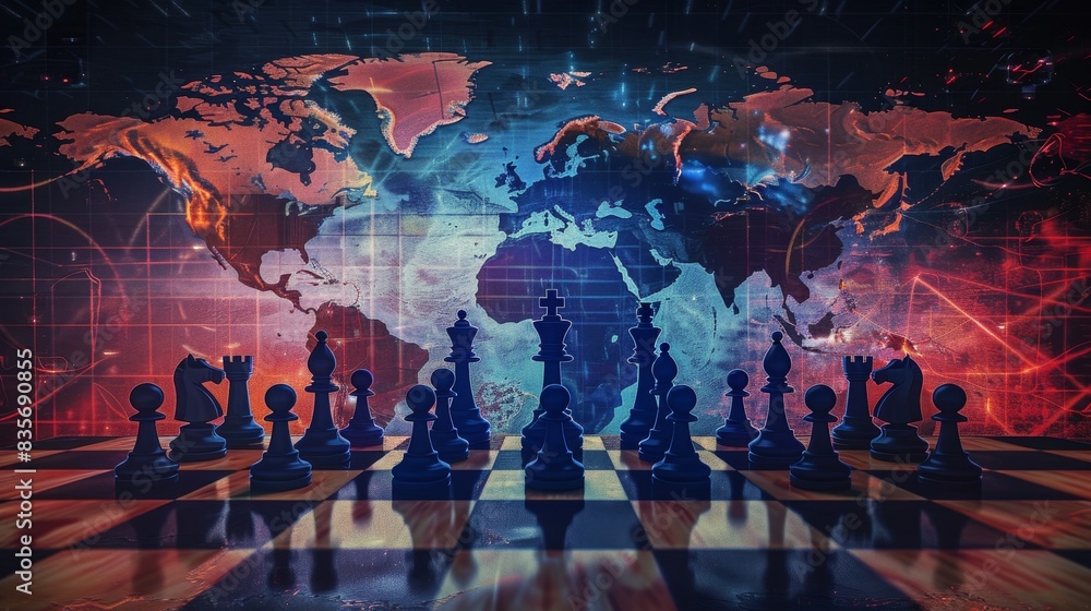 Poster chess pieces on world map overlay with tech graphics - an imaginative composite image showing chess 