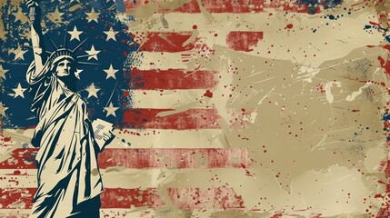 Naklejka premium Grunge American flag and Statue of Liberty - Digital artwork of the Statue of Liberty against a stylized American flag in grunge style