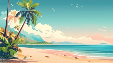 Pristine beachscape with palm trees and sea - Idyllic beach view with palm trees in the foreground and a calm sea, under a clear sky with distant mountains
