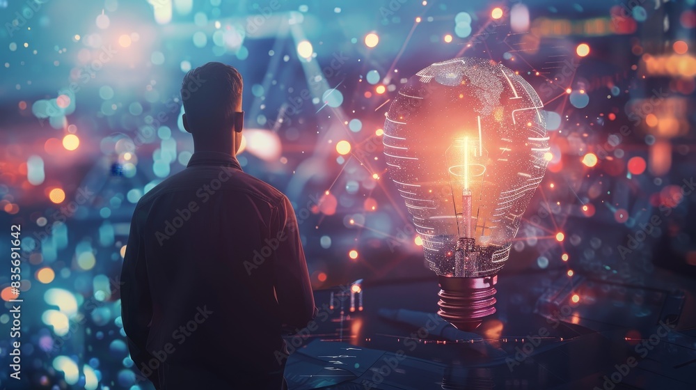 Poster man in front of a glowing light bulb concept - profile view of a man standing before a holographic l