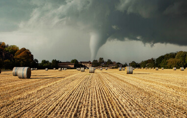 Rural landscape with hay bales, tornado in background, dramatic scene