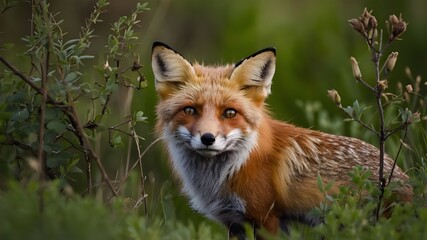 Obraz premium Curious Red Fox Peeking from Cover, Playful Encounter: Red Fox Hidden View, Inquisitive Red Fox Glimpsing Out, Charming Surprise: Red Fox Emerging Scene.