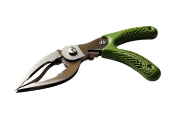A green-handled fishing plier with a long nose and a cutting blade.