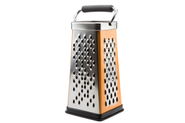 A silver metal kitchen grater with a black handle.