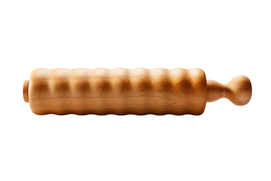 A wooden rolling pin with a unique grooved surface for creating beautiful embossed patterns on dough.