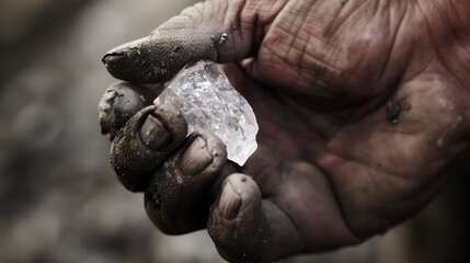 Obraz premium Close-up of a diamond in rough form, held in a minerâ€™s dirty, calloused hand.