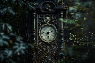 Fototapeta premium Forest scene with a clock on a tree. Time passing in nature.