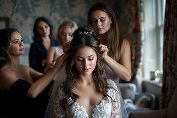 Fototapeta premium Bride getting ready image of a bride having her hair styled by a hairdresser, with bridesmaids watching and helping in a charming bridal suite