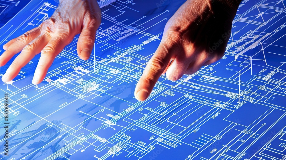 Poster a close-up of an engineerâ€™s blueprint, with hands pointing at specific technical details.