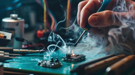 Obraz premium A detailed look at a soldering iron being used on a small electronic component, with smoke rising. 