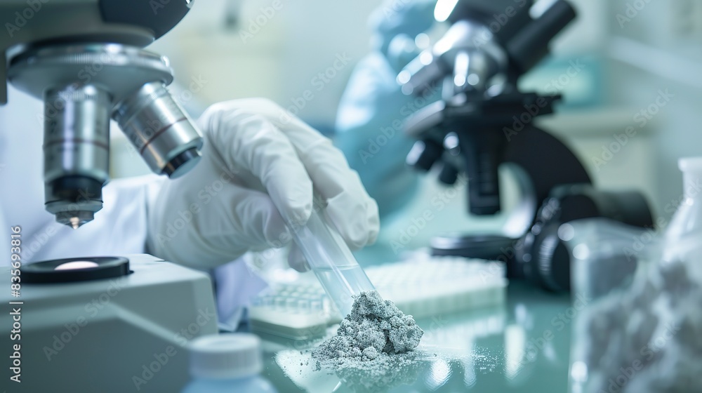 Poster close-up of fibrous asbestos being analyzed in a lab, focusing on its texture and dangerous properti