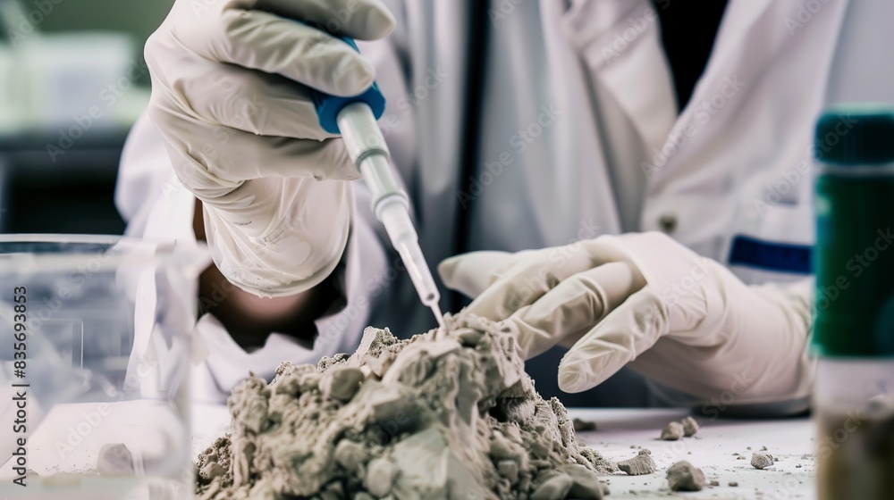 Poster Close-up of fibrous asbestos being analyzed in a lab, focusing on its texture and dangerous properties.
