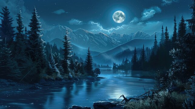 Dark forest at night with a river and mountains under a moonlit sky - Powered by Adobe