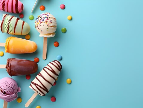 Assorted Ice Cream Sticks on Vibrant Blue Minimalist Background