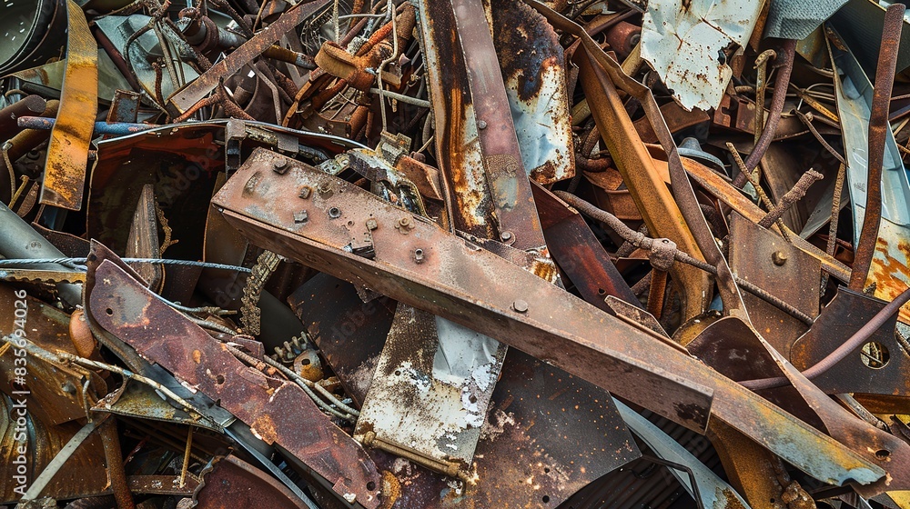 Poster a close-up of a pile of scrap metal, focusing on different textures and colors of rust and corrosion