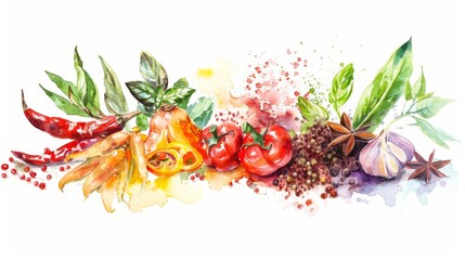 Colorful watercolor painting of spices - Vibrant watercolor painting of various spices and herbs, presenting a burst of colors and culinary inspiration